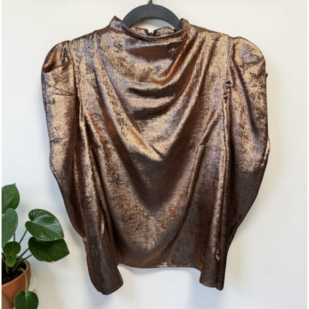 Women’s Metallic Bronze Puff Sleeve Blouse Size XS